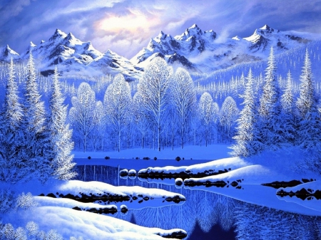 ★Reflection of White Trees★ - reflections, attractions in dreams, blue, creative pre-made, snow, winter, beautiful, paintings, colors, lovely, xmas and new year, cool, white, nature, white trees, lakes, love four seasons, mountains