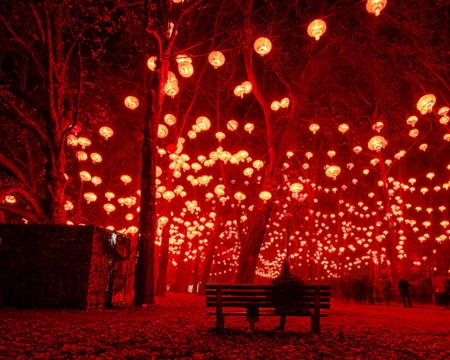 Romantic Park - park, bench, lantern, red