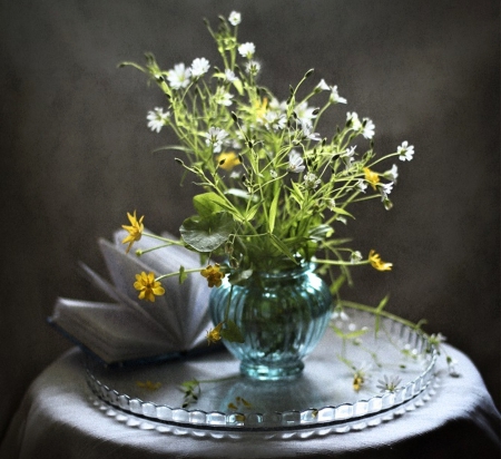 Still Life - flowers, vase, book, still life