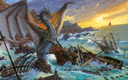 Dragon - water, yellow, ocean, blue, art, wings, fantasy, dragon, sunset, sea