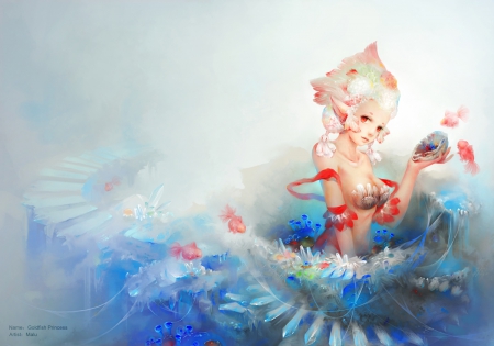 Goldfish Princess - lotus, anime, blue, girl, beauty, flower, pink, malu, mermaid, red, art