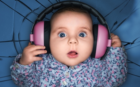 Love for music - john wilhelm, child, pink, headphones, baby, blue