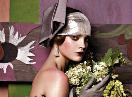 Natalia Vodianova - hat, girl, flower, pink, retro, green, woman, model, Natalia Vodianova