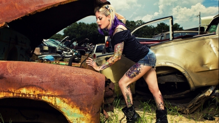 Rustic Dreamer - women, tattoo, fun, female, junk yard, girls, cowgirls, style, outdoors, trucks