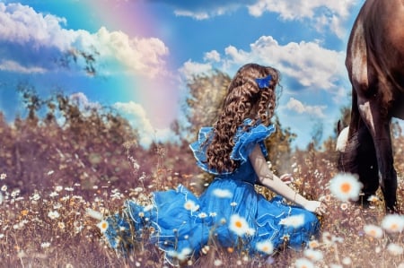 :) - blie, flowers, girl, field