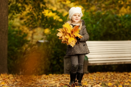 Autumn Girl - leaves, bench, autumn, girl