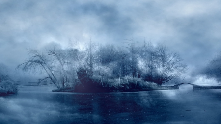 foggy winter - fog, island, ocean, bridge