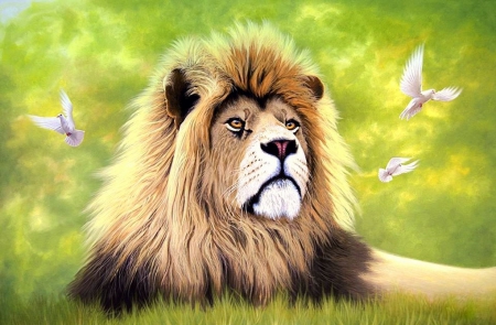 Elegant & Wisdom - lions, birds, elegant, creative pre-made, beautiful, paintings, colors, lovely, wisdom, love four seasons, draw and paint, animals, wildlife