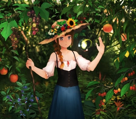 Fruit Garden - pretty, anime, magic, female, scenery, scene, dress, forest, plant, hd, fruit, nice, woods, hat, anime girl, grape, girl, sundress, lovely, sweet, cg, fantasy, green