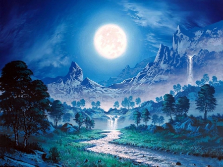 â˜…Harmony in Full Moonâ˜… - trees, mountains, creative pre-made, moons, cool, full moon, paintings, rivers, attractions in dreams, winter, waterfalls, lovely, nature, love four seasons, blue, beautiful, colors