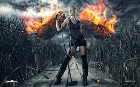 Dark angel with burning wings - girl, angel, orange, dark, black, fantasy, burning, fire, woman, wings