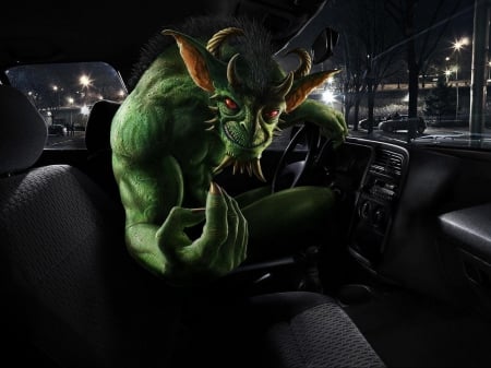 Come with me! - monster, black, fantasy, car, green, horns