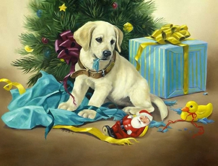 ..Puppy & Gifts.. - pretty, gifts, paintings, toys, colors, puppies, holidays, lovely, xmas and new year, christmas tree, dogs, cute, Christmas, love four seasons, draw and paint, animals