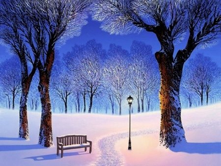 ★Dream of Winter★ - winter, attractions in dreams, blue, creative pre-made, beautiful, paintings, snow, colors, lovely, xmas and new year, cool, nature, bench, white trees, love four seasons, lamps