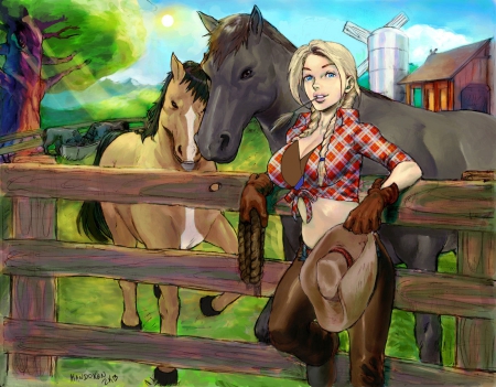 Ranch Hand Art - girls, women, fun, fence, female, cowgirl, drawing, sketch, art, abstract, ranch, anime