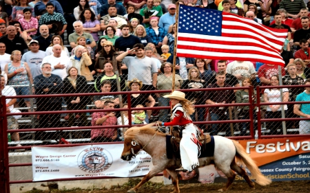 American Heritage - women, fun, female, men, western, cowboys, girls, American flag, cowgirls, crowd, outdoors, rodeo, horses