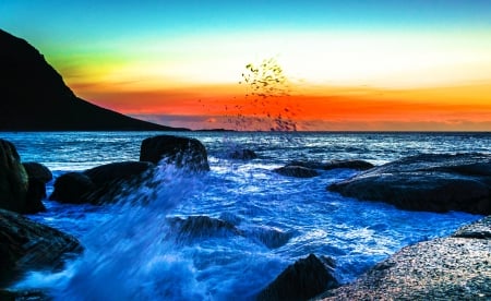 Coastal Sunset - cliff, sky, rocks, ocean, colors, waves