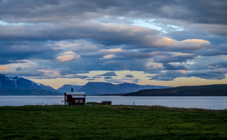 Icelandic Peace. - house, LaFauteAuGraph, landscape, lake, mountains, iceland, sky