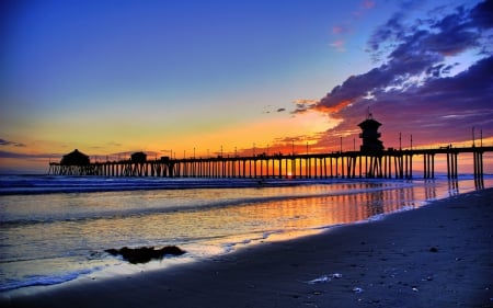 Pier at Sunset - sky, clouds, sun, water, sea