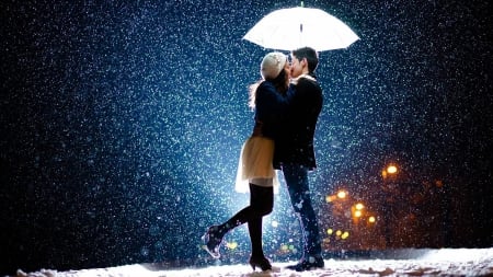 Woman and man - woman, man, snow, umbrella