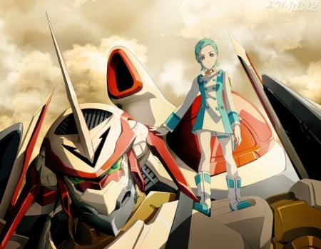 Eureka and Nirvash - Mecha, Clouds, Anime Girl, Anime Mecha, Anime, Eureka, Nirvash, Robot, Blue Hair, Sky