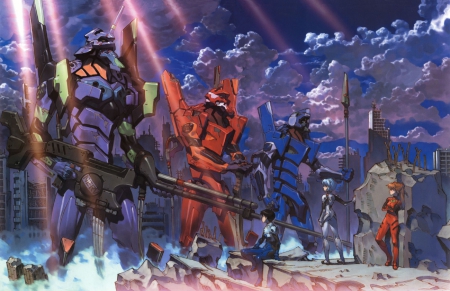 EVA and Pilots - EVA 01, Langley, Robots, Clouds, Neon Genesis Evangelion, Shinji, Anime Mecha, Anime, Evangelion, Shinji Ikari, EVA 00, Ikari, Sky, Soryu, Mecha, EVA, Asuka Langley Soryu, Rei Ayanami, EVA 02, Ayanami, Rei, Langley Soryu, Asuka, Anime Robots