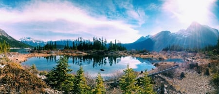 Panoramic View On The Lake - forest, mountains, reflections, beautiful, grass, shrubs, lake, sky, snowy peaks, trunks, clouds, trees, sunrise