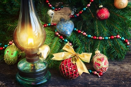 Christmas Glow - pine, light, beads, christmas, wood, glow, oil, flame, lantern, ribbon, tree, ornaments