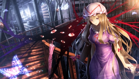 Boundary of the Dreams - gloomy, blond hair, beautiful, blonde, anime girl, girl, umbrella, gloom, blond, blonde hair, creep, lolita, yakumo yukari, touhou, pretty, beauty, sweet, dark, anime, sinister, hd, dress, cg, long hair, loli, nice, lovely, scene, female