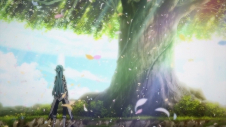 Big Tree - pretty, anime, female, scenery, windy, scene, alo, yuuki, flowing, sword art online, sao, nice, breeze, anime girl, asuna, flow, beautiful, girl, yuuki asuna, scenic, beauty, lovely, sweet, petals, tree, wind, sky cloud, asuna yuuki, blowing, blow