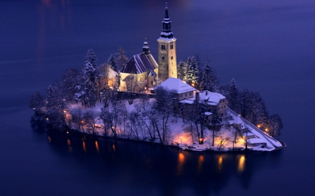 Small Island in Lake Bled, Slovenia - light, winter, night, nature, church, snow, towers, house, lights