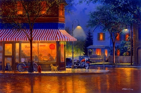 Evening memories - town, romantic, beautiful, evening, lovely, memories, village, lunch, lights, painting, peaceful, art, restaurant