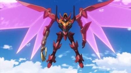 Guren Seiten - greass, anime, magic, wing, scene, robot, float, guren seiten, fly, red, mecha, sky, guren, fantasy, awesome, wings, cloud, code geass