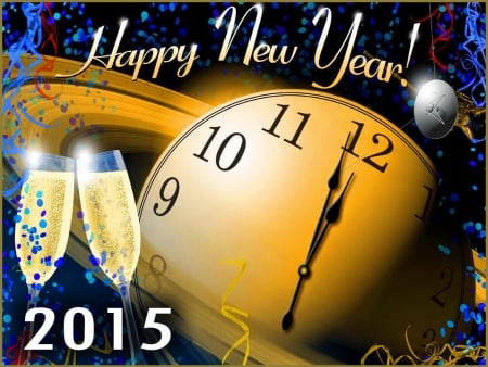 And a new year has begun - new year, celebration, champagne, 2015, clock