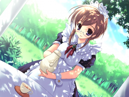 More Tea? - Tea Pot, Trees, Clouds, Blushing, Brunette, Anime, Glasses, Maid Outfit, Tea, Anime Maid, Maid, Tea Cup, Big Eyes, Sky