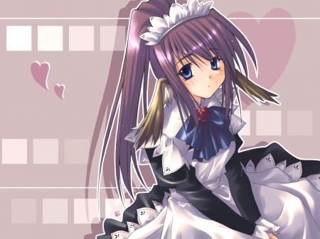 Anime Maid - anime maid, big eyes, anime, anime girl, purple hair, maid, blushing, maid outfit, hearts