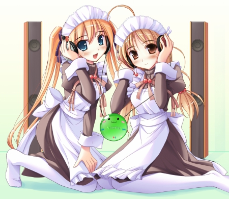 Maid Music - Blonde, Anime Girl, Blushing, Anime, Headphones, Anime Friends, Long Hair, Speakers, Maid Outfit, Friends, Anime Maid, Maid, Listening to Music, Big Eyes