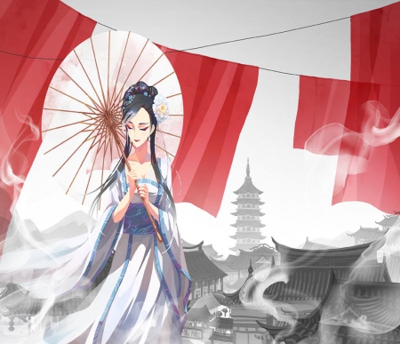 Japan Love - japan, umbrella, girl, orginal, kimono, long hair, art, japanese