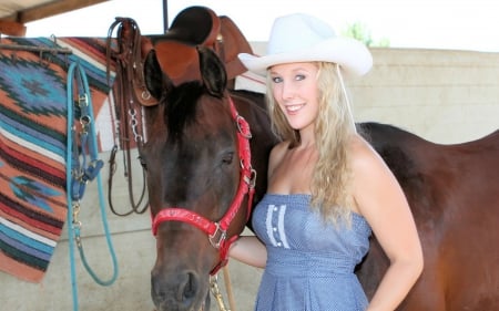 ~Cowgirl~ - hat, dress, blonde, horse, saddle, cowgirl, blanket, ropes, wall