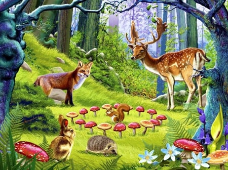 Woodlander - rabbit, hedgehog, artwork, fox, forest, flowers, deer, mushrooms, squirrel