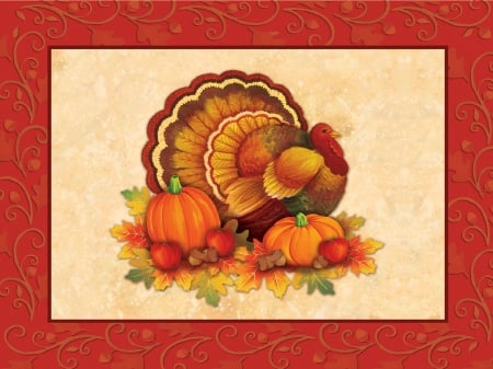 Thanksgiving Day - nuts, autumn, thanksgiving, apples, fruit, turkey, pumpkins, fall, leaves, acrons