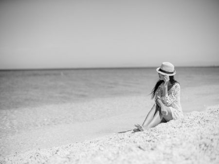 Beautiful Day - straw hat, women, sky, ocean, beach, sand, waves