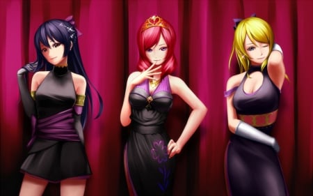 Trio 3 - redhead, female, hot, blond, anime girl, red hari, trio, gorgeous, blond hair, blonde hair, anime, splendid, sexy, girl, long hair, purple hair, gown, cg, hd, red, awesome, dress, blonde