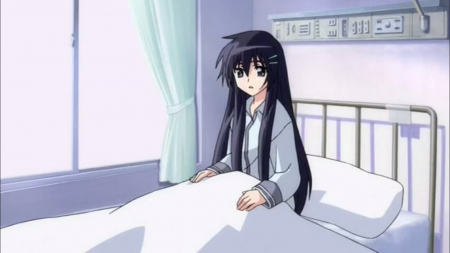 Akiba Rika - nice, bed, female, akiba rika, hanbun, anime girl, black hair, curtain, akiba, window, pretty, anime, scene, rika, girl, long hair, lovely, sweet, bedroom