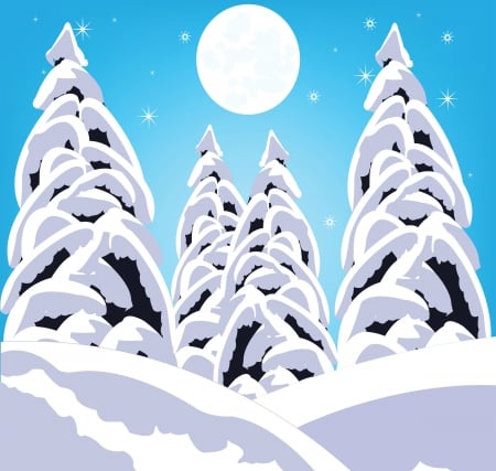 Winter snow - moon, winter, snow, pine, forest