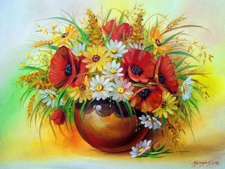 Still life - fragrance, bouquet, lovely, still life, vase, painting, art, pretty, beautiful, scent, flowers, daisies, poppies, harmony