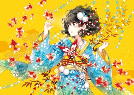 Amazing!! - japanese clothes, short hair, black eyes, anime, girl, black hair, fish, kimono, colorful