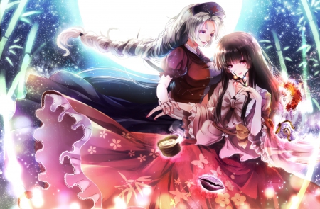 Houraisan & Yagokoro - long hair, touhou, friends, moon, anime, yagokoro eirin, night, houraisan kaguya