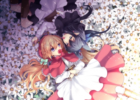 Darkness & Light - girls, blue eyes, long hair, knife, kneehighs, black hair, brown hair, dresses, petals, anime, flowers, purple eyes, pointed ears