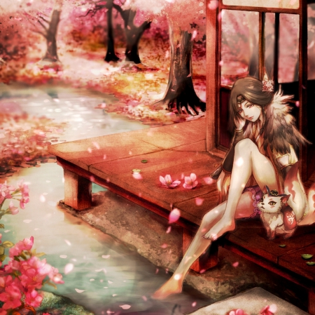 Cozy Place - nice, beauty, female, hot, water, stream, anime girl, brown hair, blososm, cherry blossom, home, pretty, petals, anime, sakura blossom, house, scene, maiden, sexy, cat, girl, kitty, lovely, kitten, floral, sakura, beautiful, scenery, sweet, flower